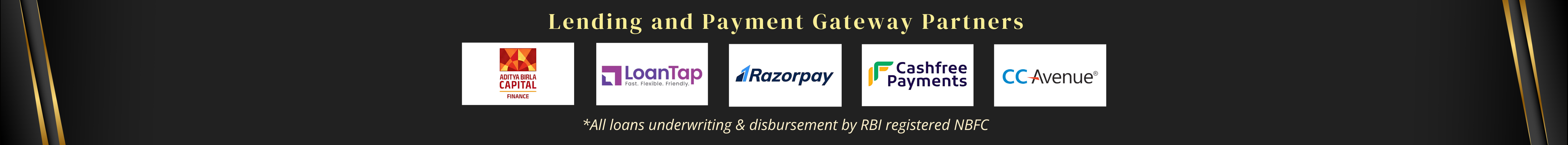 Lending and Payment Gateway Partners - Aditya Birla Capital, LoanTap, Razorpay, Cashfree Payments, CCAvenue